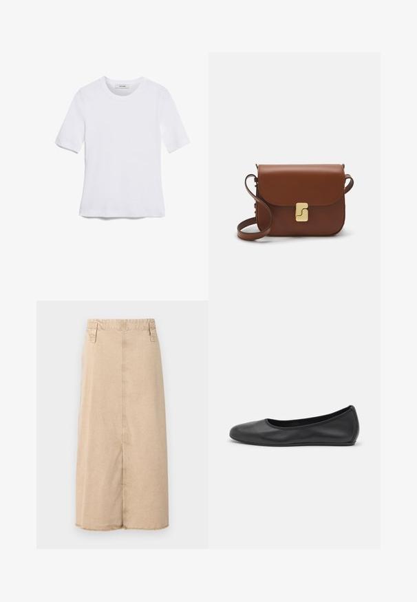 Tricou alb cu mânecă scurtă, confectionat dintr-un material texturat. Gât rotund, tăietură regulară și detalii subtile de cusătură. Fără modele sau grafice.; fustă din denim bej cu lungime până la jumătatea gambei, având un tiv descusut, două buzunare laterale și accente cusute pe talie.; Balerini din piele neagră, cu vârf rotund, textură netedă, detalii de cusătură minimale și un design al tălpii flexibil.; Geantă de piele maro cu închidere tip capac, accesorii de culoare aurie, curea de umăr și o textură netedă. Formă compactă și rectangulară.