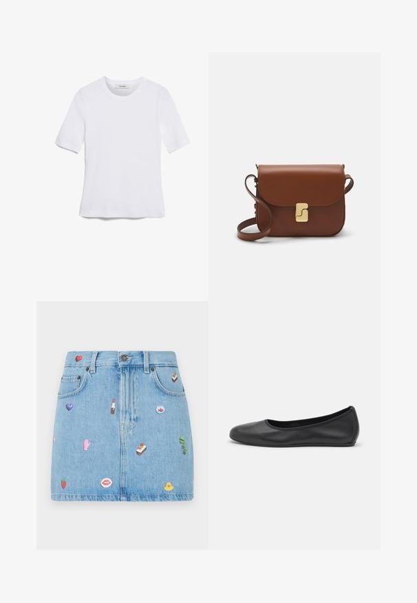 Bela kratka majica s kratkimi rokavi iz rebrastega materiala. Okrogla ovratnica, običajen kroj in subtilni šivi. Brez vzorcev ali grafik.; Denim mini krilo, svetlo modro, oblik petih žepov, na sprednji strani ima različne barvite nalepke, vključno s srčki, ustnicami in sladicami.; Črne usnjene balerinke z zaobljenim nosom, gladko teksturo, minimalnimi šivi in fleksibilno zasnovo podplata.; Rjava usnjena torbica s poklopcem, zlato obarvani okovi, naramnica in gladka tekstura. Kompaktna pravokotna oblika.
