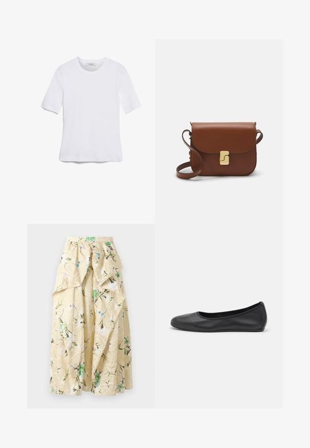Weißes kurzärmliges T-Shirt aus geripptem Stoff. Runder Halsausschnitt, normale Passform und dezente Nähte. Keine Muster oder Grafiken.; Blumige Maxi-Rock aus zerknittertem gelbem Stoff, mit grünen und blauen Blumenmustern, einer hohen Taille und geschichteten Rüschen für Volumen.; Schwarze Leder-Ballettschuhe mit abgerundeter Spitze, glatter Textur, minimalen Nähdetails und einem flexiblen Sohlen-Design.; Braune Ledertasche mit Klappenverschluss, Beschlägen in Goldfarbe, einem Schultergurt und einer glatten Oberfläche. Kompakte rechteckige Form.