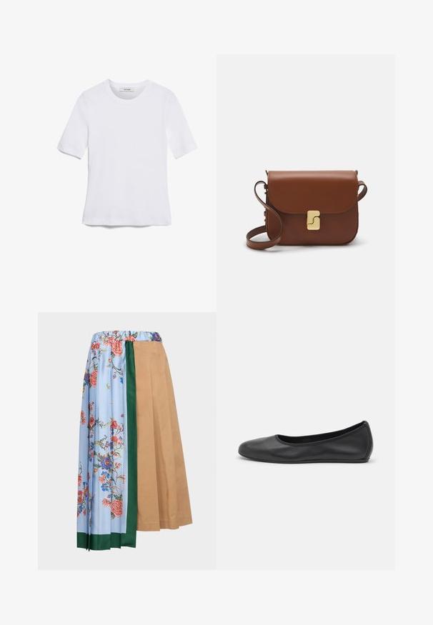 White short-sleeve t-shirt made of ribbed fabric. Round neckline, regular fit, and subtle stitching details. No patterns or graphics.; WEEKEND MaxMara OPEROSO - A-line skirt - beige; Black leather ballet flat with a rounded toe, smooth texture, minimal stitching detail, and a flexible sole design.; Brown leather handbag with a flap closure, gold-tone hardware, a shoulder strap, and a smooth texture. Compact rectangular shape.