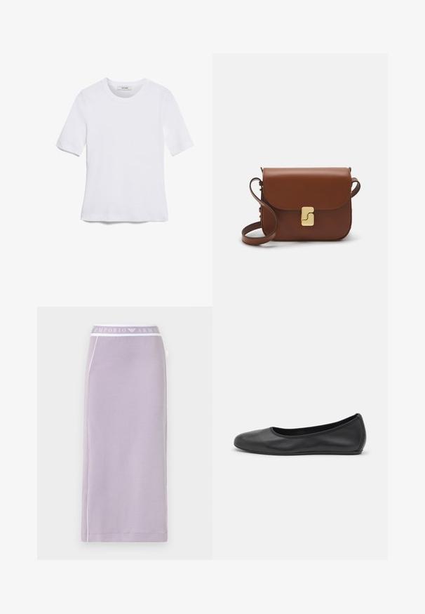 Bela kratka majica s kratkimi rokavi iz rebrastega materiala. Okrogla ovratnica, običajen kroj in subtilni šivi. Brez vzorcev ali grafik.; Svetlo lilac midi krilo iz džersija z belim pasom z blagovno znamko, s kontrastnimi stranskimi šivi in preprostim, ravnim dizajnom.; Črne usnjene balerinke z zaobljenim nosom, gladko teksturo, minimalnimi šivi in fleksibilno zasnovo podplata.; Rjava usnjena torbica s poklopcem, zlato obarvani okovi, naramnica in gladka tekstura. Kompaktna pravokotna oblika.