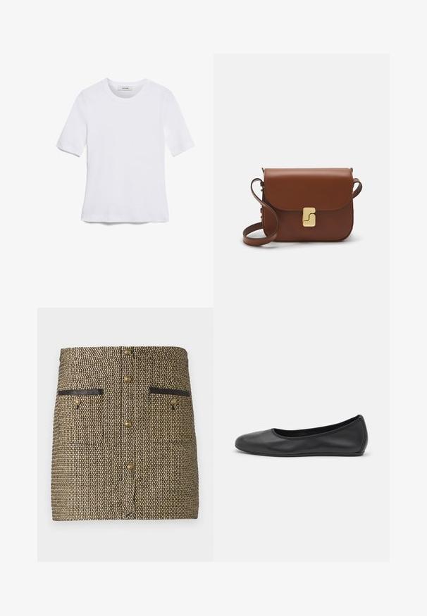 Hvid kortærmet t-shirt lavet af ribbet stof. Rund halsudskæring, almindelig pasform og subtile syninger. Ingen mønstre eller grafik.; Vævet nederdel med et sort og guld mønster, to forlommer med sorte accenter og guldknapper ned ad midten.; Sort læderballetsko med rund tå, glat tekstur, minimal syning og et fleksibelt såldesign.; Brun læder håndtaske med flaplukning, hardware i gyldent tone, en skulderrem og en glat overflade. Kompakt rektangulær form.