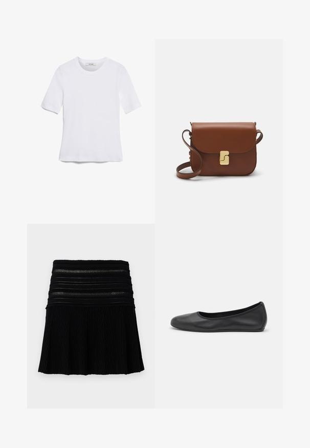 Biała koszulka krótki rękaw wykonana z materiału prążkowanego. Okrągły dekolt, regularny krój i subtelne detale szwów. Bez wzorów ani grafik.; Czarna plisowana spódnica z teksturowanym żebrowanym wzorem. Posiada poziome paski na talii z wycięciami. Krótka długość.; Czarne skórzane baletki z zaokrąglonym noskiem, gładką fakturą, minimalnymi przeszyciami i elastycznym designem podeszwy.; Brązowa skórzana torebka na ramię z klapką, złotymi detalami, paskiem na ramię i gładką teksturą. Kompaktowy prostokątny kształt.