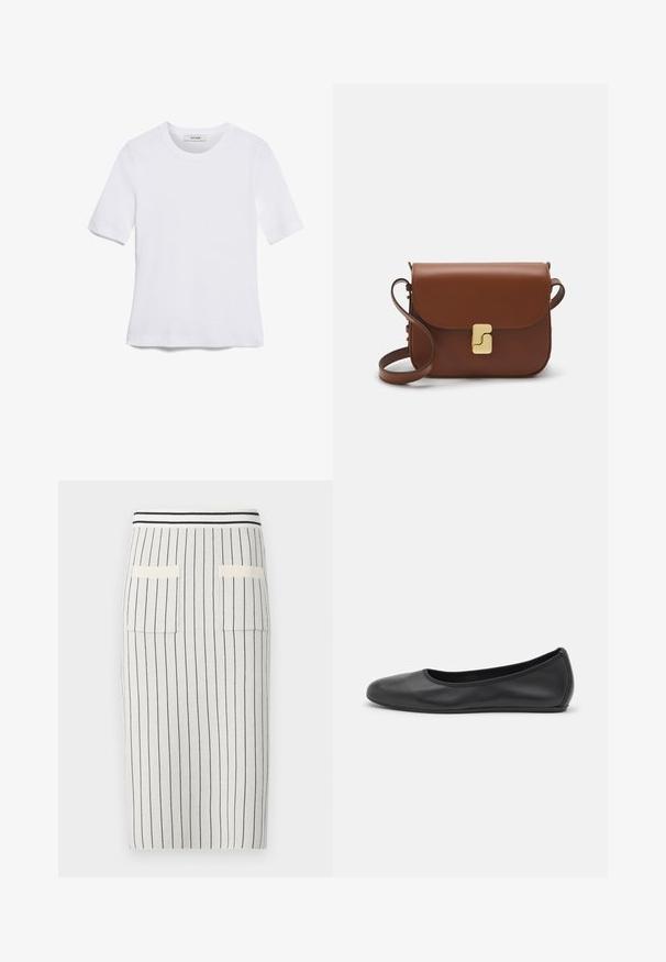 T-shirt de manga curta branca feita de tecido canelado. Decote redondo, ajuste regular e detalhes de costura subtis. Sem padrões ou gráficos.; Saia lápis de malha em cinza claro com riscas verticais escuras, apresentando um cós canelado e dois bolsos traseiros em patche. Textura suave.; Bailarina preta em pele com bico arredondado, textura suave, detalhe de costura minimalista e design de sola flexível.; Bolsa de couro castanho com fecho de aba, decoração em tom dourado, alça de ombro e textura suave. Formato retangular compacto.
