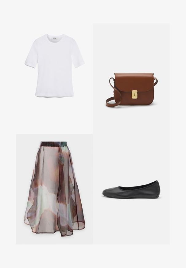 White short-sleeve t-shirt made of ribbed fabric. Round neckline, regular fit, and subtle stitching details. No patterns or graphics.; Henrik Vibskov OCTO SKIRT - A-line skirt - brown; Black leather ballet flat with a rounded toe, smooth texture, minimal stitching detail, and a flexible sole design.; Brown leather handbag with a flap closure, gold-tone hardware, a shoulder strap, and a smooth texture. Compact rectangular shape.