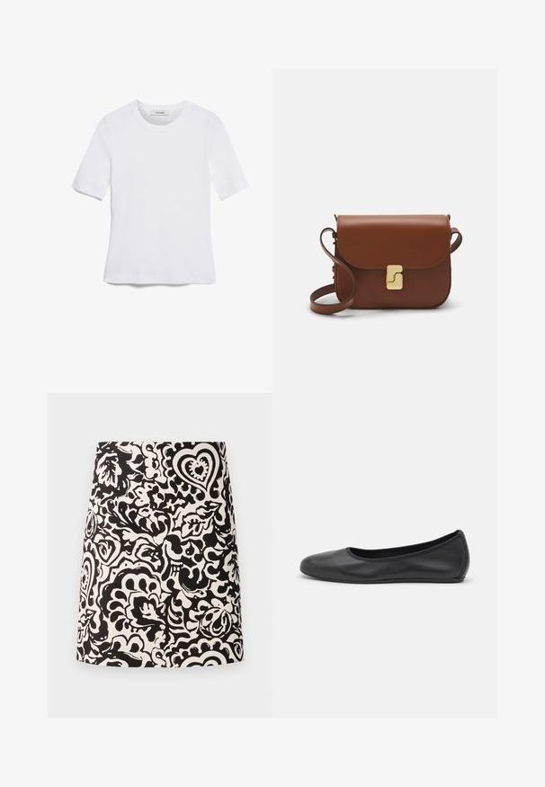 White short-sleeve t-shirt made of ribbed fabric. Round neckline, regular fit, and subtle stitching details. No patterns or graphics.; Black and white floral-patterned mini skirt made of fabric with a smooth texture and a straight-cut hem. Features swirling designs and hearts.; Black leather ballet flat with a rounded toe, smooth texture, minimal stitching detail, and a flexible sole design.; Brown leather handbag with a flap closure, gold-tone hardware, a shoulder strap, and a smooth texture. Compact rectangular shape.