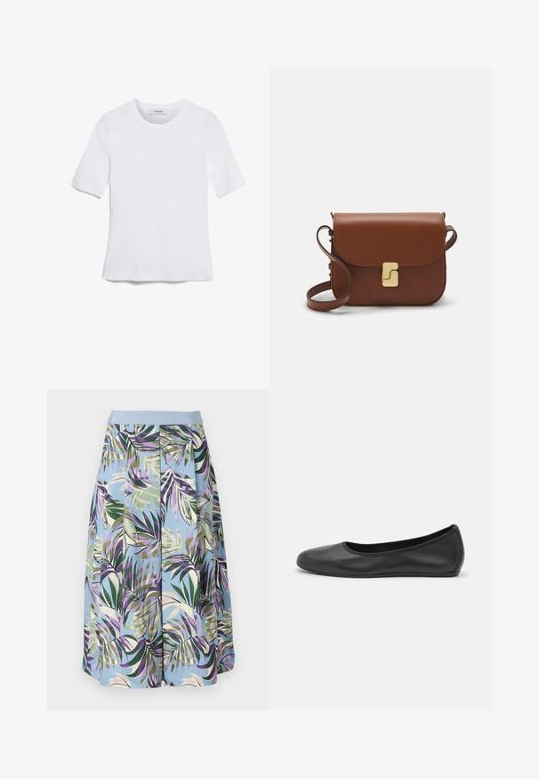 Balta trumpa rankovėmis marškinėliai, pagaminti iš pasiruošusio audinio. Apvali iškirptė, reguliari tinkamumas ir subtilūs siuvimo detalės. Be raštų ar grafikos.; Kelių ilgumo sijonas su mėlynu pagrindu, puoštu ryškiu tropinių lapų raštu žalia, purpurine ir kreminė spalvomis, užbaigtas šviesiai mėlynu liemeniu.; Juodai odiniai baletai su apvaliu pirštu, lygi texture, minimalus siuvimo detales ir lanksčiu padų dizainu.; Ruda odinė rankinė su uždaromu dangteliu, aukso spalvos detalėmis, petneša ir lygiu paviršiumi. Kompaktiška stačiakampio formos.