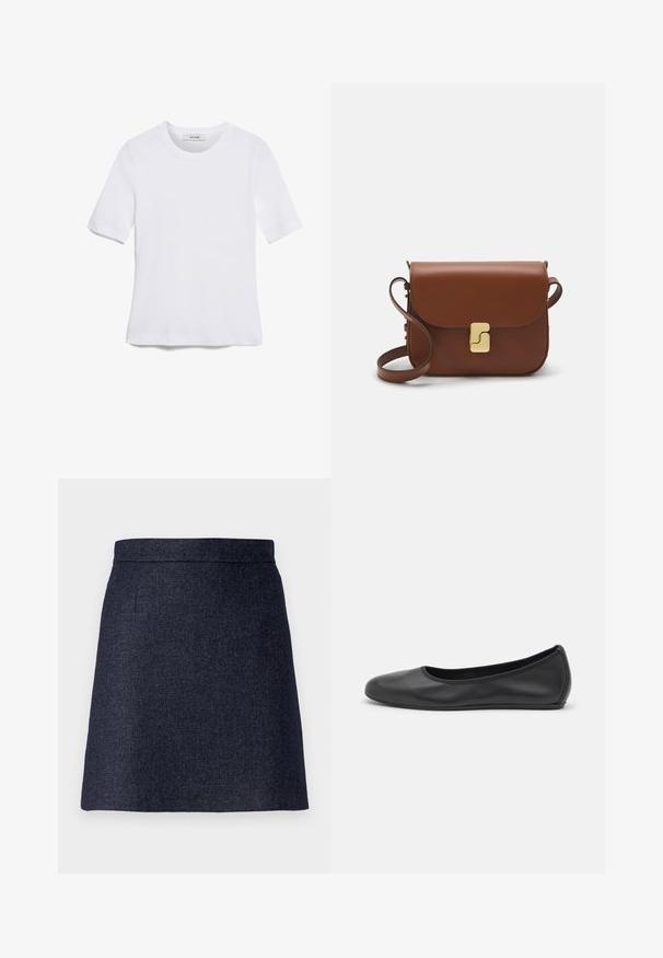 Fehér, rövid ujjú póló ribbed anyagból. Kerek nyakkivágás, normál szabás és diszkrét varrási részletek. Nincsenek minták vagy grafikák.; Sötétkék, textúrált anyagból készült mini szoknya, tiszta derékrésszel és diszkrét oldalsó zsebekkel. Az alja egyenes és lezárt.; Fekete bőr balettcipő lekerekített orral, sima tekstúrával, minimális varrással és rugalmas talp kialakítással.; Barna bőr kézitáska, hajtókás zárással, arany színű fém kiegészítőkkel, vállpánttal és sima felülettel. Kompakt téglalap alakú.