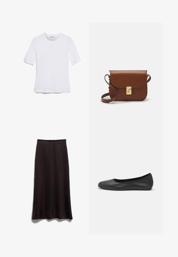 Bela kratka majica s kratkimi rokavi iz rebrastega materiala. Okrogla ovratnica, običajen kroj in subtilni šivi. Brez vzorcev ali grafik.; Črna satenasta srednje dolga krila z gladko teksturo, ravnim krojem in pasom. Brez vidnih vzorcev ali kovinskih detajlov.; Črne usnjene balerinke z zaobljenim nosom, gladko teksturo, minimalnimi šivi in fleksibilno zasnovo podplata.; Rjava usnjena torbica s poklopcem, zlato obarvani okovi, naramnica in gladka tekstura. Kompaktna pravokotna oblika.