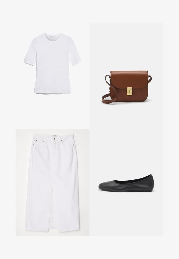 Weißes kurzärmliges T-Shirt aus geripptem Stoff. Runder Halsausschnitt, normale Passform und dezente Nähte. Keine Muster oder Grafiken.; Weiße Jeansrock mit einem Schlitz vorne, fünf Taschen-Design, Metallknopf und Reißverschlussverschluss sowie gestickten Saumdetails.; Schwarze Leder-Ballettschuhe mit abgerundeter Spitze, glatter Textur, minimalen Nähdetails und einem flexiblen Sohlen-Design.; Braune Ledertasche mit Klappenverschluss, Beschlägen in Goldfarbe, einem Schultergurt und einer glatten Oberfläche. Kompakte rechteckige Form.