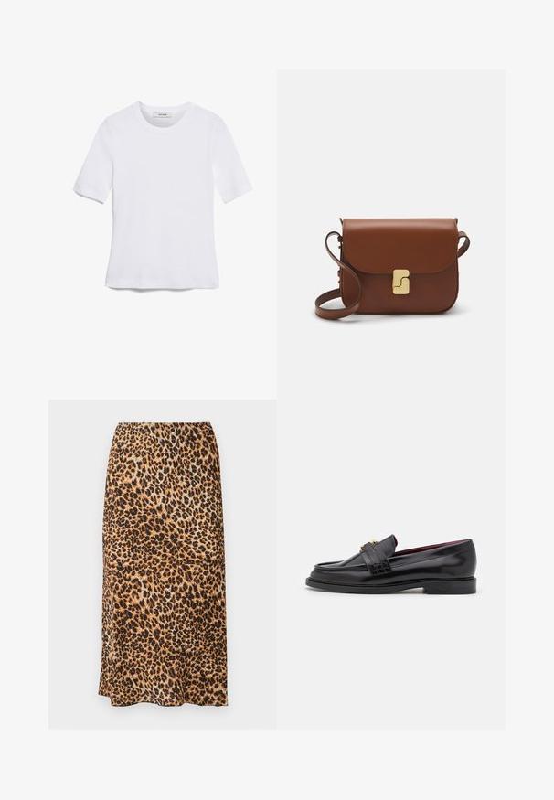 Bílá tričko s krátkým rukávem vyrobené z žebrované tkaniny. Kulatý výstřih, normální střih a jemné detaily šití. Bez vzorů nebo grafik.; Midi sukně s leopardím potiskem v odstínech hnědé a černé, která má hladkou texturu a elegantní, propracovaný siluetu.; Černé kožené mokasíny se šitým vzorem, hladkým povrchem, zlatou sponou a zakulacenou špičkou, umístěné na nízké černé podrážce.; Hnědá kožená kabelka s klopou, zlatými kovovými detaily, ramenním popruhem a hladkým povrchem. Kompaktní obdélníkový tvar.