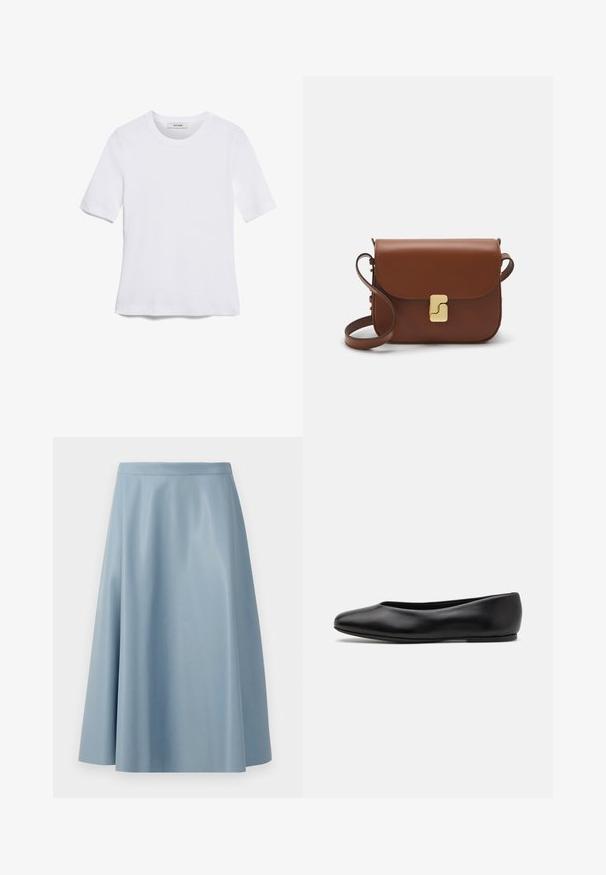 Weißes kurzärmliges T-Shirt aus geripptem Stoff. Runder Halsausschnitt, normale Passform und dezente Nähte. Keine Muster oder Grafiken.; Ein hellblauer, ausgestellter Rock aus glattem Material, der ein minimalistisches Design mit einer klaren Taille und ohne sichtbare Verschlüsse aufweist.; Paul Smith TOPANGA - Klassischer Ballerina - black; Braune Ledertasche mit Klappenverschluss, Beschlägen in Goldfarbe, einem Schultergurt und einer glatten Oberfläche. Kompakte rechteckige Form.