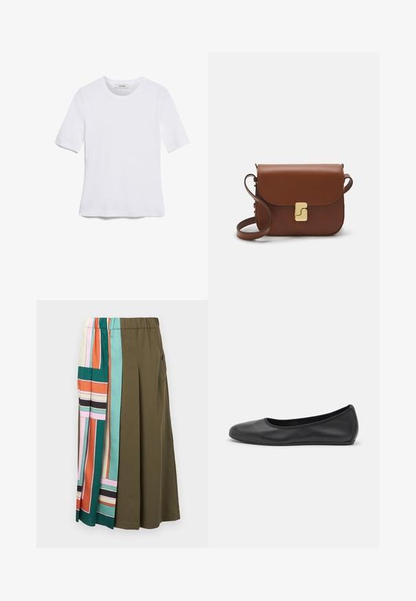 Camiseta de manga corta blanca hecha de tela de canalé. Cuello redondo, corte regular y detalles de costura sutiles. Sin patrones ni gráficos.; Falda hasta la rodilla con cintura elástica; tela verde oliva sólida combinada con coloridos patrones geométricos en paneles de un lado.; Bailarina de piel negra con punta redondeada, textura suave, detalle de costura minimalista y diseño de suela flexible.; Bolso de mano de cuero marrón con cierre de solapa, herrajes en tono dorado, correa para el hombro y una textura suave. Forma rectangular compacta.
