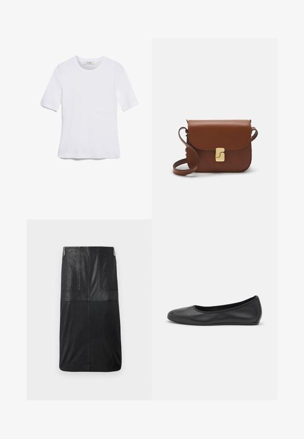 Weißes kurzärmliges T-Shirt aus geripptem Stoff. Runder Halsausschnitt, normale Passform und dezente Nähte. Keine Muster oder Grafiken.; Schwarzer Leder-Bleistiftrock, knielang, mit glatter Textur, vertikalen Nahtdetails und einem diskreten seitlichen Reißverschluss.; Schwarze Leder-Ballettschuhe mit abgerundeter Spitze, glatter Textur, minimalen Nähdetails und einem flexiblen Sohlen-Design.; Braune Ledertasche mit Klappenverschluss, Beschlägen in Goldfarbe, einem Schultergurt und einer glatten Oberfläche. Kompakte rechteckige Form.