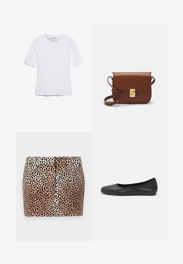 Weißes kurzärmliges T-Shirt aus geripptem Stoff. Runder Halsausschnitt, normale Passform und dezente Nähte. Keine Muster oder Grafiken.; Leoprint-Rock mit figurbetonter Form, beigem Hintergrund und schwarzen Flecken. Verfügt über einen flachen Bund und subtile Faltendetails auf der Rückseite.; Schwarze Leder-Ballettschuhe mit abgerundeter Spitze, glatter Textur, minimalen Nähdetails und einem flexiblen Sohlen-Design.; Braune Ledertasche mit Klappenverschluss, Beschlägen in Goldfarbe, einem Schultergurt und einer glatten Oberfläche. Kompakte rechteckige Form.