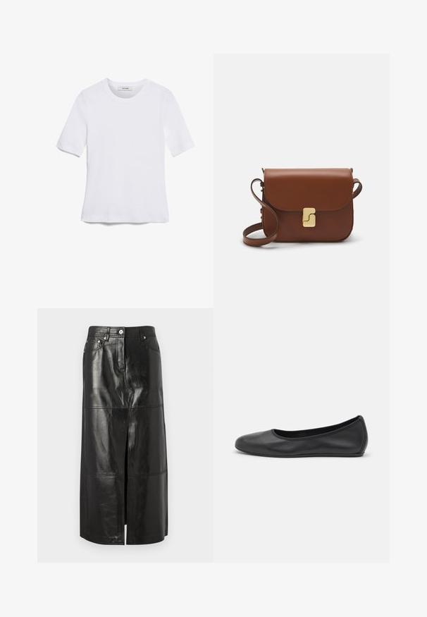 Bela kratka majica s kratkimi rokavi iz rebrastega materiala. Okrogla ovratnica, običajen kroj in subtilni šivi. Brez vzorcev ali grafik.; Črna usnjena midi krila s sprednjim razporkom, ki vključuje šivane panele, prilegajoč pas in kovinske detajle. Gladka tekstura in eleganten dizajn.; Črne usnjene balerinke z zaobljenim nosom, gladko teksturo, minimalnimi šivi in fleksibilno zasnovo podplata.; Rjava usnjena torbica s poklopcem, zlato obarvani okovi, naramnica in gladka tekstura. Kompaktna pravokotna oblika.