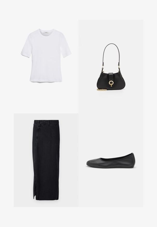 Biała koszulka krótki rękaw wykonana z materiału prążkowanego. Okrągły dekolt, regularny krój i subtelne detale szwów. Bez wzorów ani grafik.; Czarna spódnica dżinsowa z wysokim stanem, z bocznym rozcięciem i klasycznym pięciokomorowym krojem. Gładka tekstura i prosta sylwetka.; Czarne skórzane baletki z zaokrąglonym noskiem, gładką fakturą, minimalnymi przeszyciami i elastycznym designem podeszwy.; sandro - Torebka