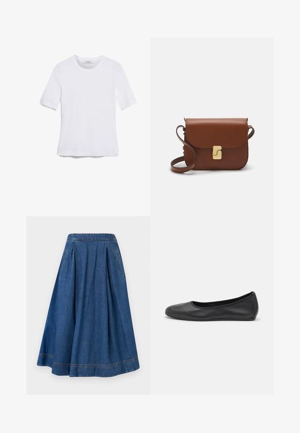 Weißes kurzärmliges T-Shirt aus geripptem Stoff. Runder Halsausschnitt, normale Passform und dezente Nähte. Keine Muster oder Grafiken.; Jeansrock mit ausgestelltem Design, tiefblauer Farbe und Falten. Verfügt über einen Bund und seitliche Taschen mit kontrastierendem Nähdetail.; Schwarze Leder-Ballettschuhe mit abgerundeter Spitze, glatter Textur, minimalen Nähdetails und einem flexiblen Sohlen-Design.; Braune Ledertasche mit Klappenverschluss, Beschlägen in Goldfarbe, einem Schultergurt und einer glatten Oberfläche. Kompakte rechteckige Form.