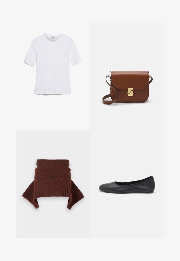 Fehér, rövid ujjú póló ribbed anyagból. Kerek nyakkivágás, normál szabás és diszkrét varrási részletek. Nincsenek minták vagy grafikák.; Barna kötött pulóver, bordázott textúrával, struktúrált vállakkal és magas gallérral. A tervezés geometrikus mintákat és lecsúszott ujjakat tartalmaz.; Fekete bőr balettcipő lekerekített orral, sima tekstúrával, minimális varrással és rugalmas talp kialakítással.; Barna bőr kézitáska, hajtókás zárással, arany színű fém kiegészítőkkel, vállpánttal és sima felülettel. Kompakt téglalap alakú.