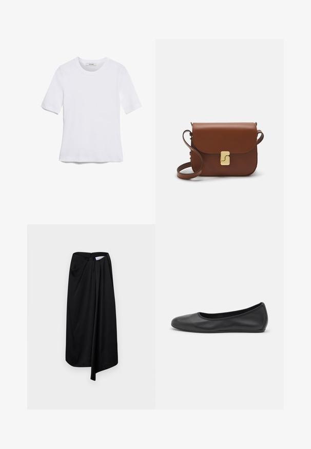 Tricou alb cu mânecă scurtă, confectionat dintr-un material texturat. Gât rotund, tăietură regulară și detalii subtile de cusătură. Fără modele sau grafice.; Fustă neagră dintr-un material neted, cu un design tip wrap, detalii drapate și un fermoar ascuns pe lateral pentru închidere.; Balerini din piele neagră, cu vârf rotund, textură netedă, detalii de cusătură minimale și un design al tălpii flexibil.; Geantă de piele maro cu închidere tip capac, accesorii de culoare aurie, curea de umăr și o textură netedă. Formă compactă și rectangulară.
