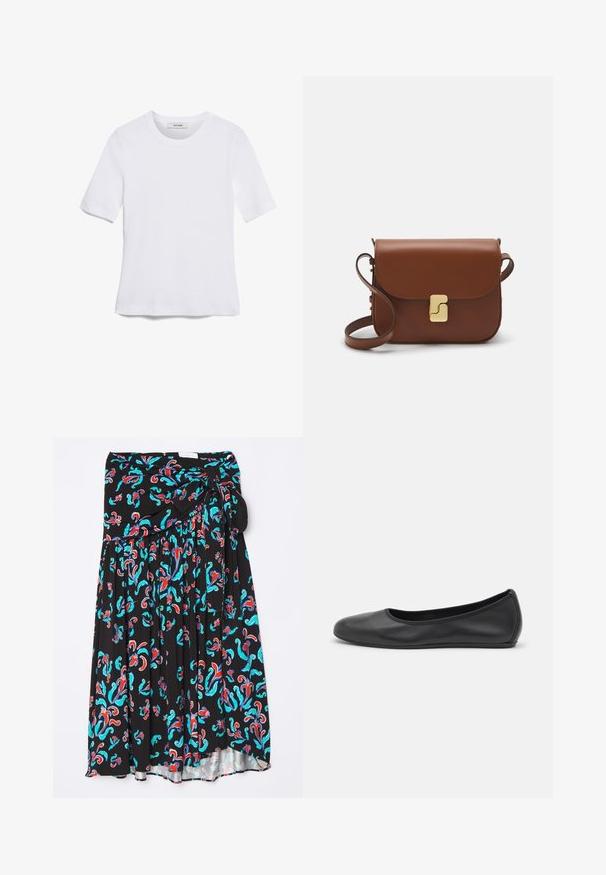 Fehér, rövid ujjú póló ribbed anyagból. Kerek nyakkivágás, normál szabás és diszkrét varrási részletek. Nincsenek minták vagy grafikák.; Fekete midi szoknya, piros és türkiz színű színes virágmintával, megkötős derékrésszel és redőzött kialakítással, amely extra textúrát ad.; Fekete bőr balettcipő lekerekített orral, sima tekstúrával, minimális varrással és rugalmas talp kialakítással.; Barna bőr kézitáska, hajtókás zárással, arany színű fém kiegészítőkkel, vállpánttal és sima felülettel. Kompakt téglalap alakú.