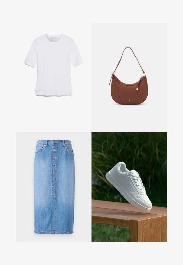 Valkoinen lyhythihainen t-paita, joka on valmistettu ribbytedusta kankaasta. Pyöreä pääntiie, normaali istuvuus ja hienovaraiset ompeluyksityiskohdat. Ei kuvioita tai grafiikkaa.; Sininen farkku midi-hame suorella leikkauksella, jossa on edessä nappisuljenta, viisi taskua ja haalistunut pesu rakenteen lisäämiseksi.; Valkoiset tennarit, joissa on sileä synteettinen päällinen, rei'itetty varvasosa, litteät nauhat ja teksturoitu pohja, esillä puupinnalla.; Ruskea keinonahkainen olkalaukku, jossa on kaareva muoto, minimaalinen ompelu ja kultasävyinen varuste. Varustettu ylhäältä avautuvalla vetoketjullisella suljennalla ja säädettävällä hihnalla.