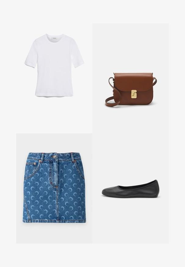 Bela kratka majica s kratkimi rokavi iz rebrastega materiala. Okrogla ovratnica, običajen kroj in subtilni šivi. Brez vzorcev ali grafik.; MARINE SERRE MOON LASER MINI SKIRT - Krilo iz džinsa - light blue; Črne usnjene balerinke z zaobljenim nosom, gladko teksturo, minimalnimi šivi in fleksibilno zasnovo podplata.; Rjava usnjena torbica s poklopcem, zlato obarvani okovi, naramnica in gladka tekstura. Kompaktna pravokotna oblika.