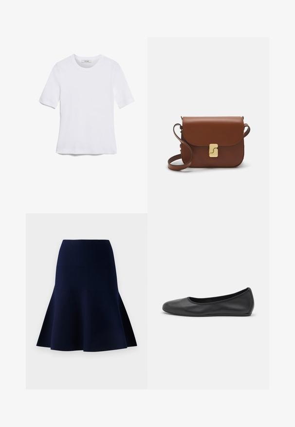 Fehér, rövid ujjú póló ribbed anyagból. Kerek nyakkivágás, normál szabás és diszkrét varrási részletek. Nincsenek minták vagy grafikák.; Sötétkék A-vonalú szoknya sima anyagból. Fitted derékkal és réteges szegéllyel rendelkezik, ami diszkrét A-vonalú sziluettet formál.; Fekete bőr balettcipő lekerekített orral, sima tekstúrával, minimális varrással és rugalmas talp kialakítással.; Barna bőr kézitáska, hajtókás zárással, arany színű fém kiegészítőkkel, vállpánttal és sima felülettel. Kompakt téglalap alakú.