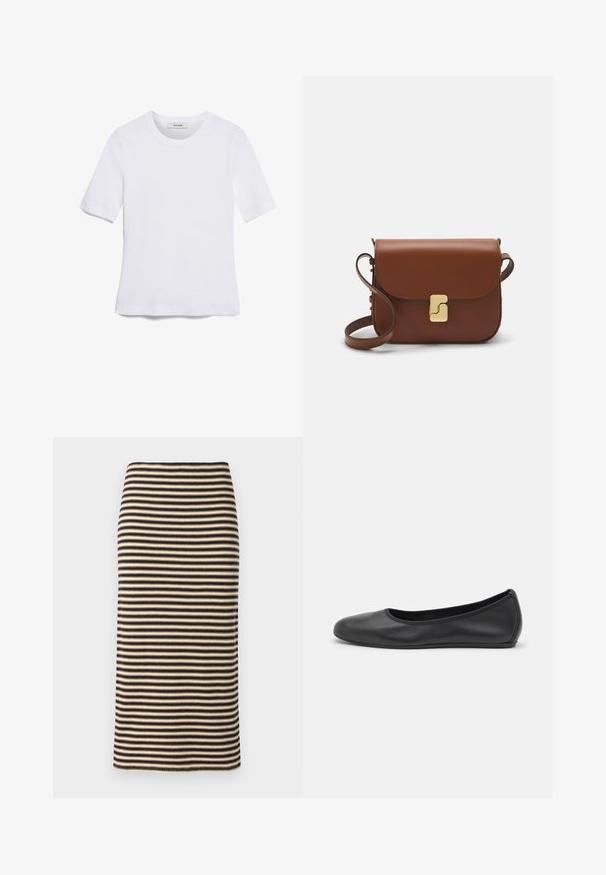 White short-sleeve t-shirt made of ribbed fabric. Round neckline, regular fit, and subtle stitching details. No patterns or graphics.; Knitted pencil skirt with horizontal black and beige stripes, featuring a fitted silhouette and a smooth texture. Hem is straight and clean.; Black leather ballet flat with a rounded toe, smooth texture, minimal stitching detail, and a flexible sole design.; Brown leather handbag with a flap closure, gold-tone hardware, a shoulder strap, and a smooth texture. Compact rectangular shape.
