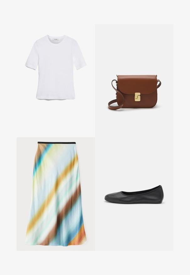 Camiseta de manga corta blanca hecha de tela de canalé. Cuello redondo, corte regular y detalles de costura sutiles. Sin patrones ni gráficos.; Falda midi de tejido ligero y fluido. Presenta un patrón degradado con rayas diagonales en azul, marrón y crema. Cintura negra.; Bailarina de piel negra con punta redondeada, textura suave, detalle de costura minimalista y diseño de suela flexible.; Bolso de mano de cuero marrón con cierre de solapa, herrajes en tono dorado, correa para el hombro y una textura suave. Forma rectangular compacta.