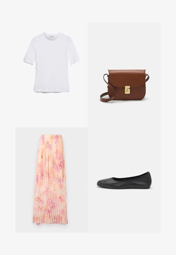 Witte korte mouwen t-shirt van ribstof. Ronde halslijn, normale pasvorm en subtiele stiksels. Geen patronen of grafische elementen.; Plissé maxi rok van zachte, lichte stof met een pastel bloemenpatroon in roze en lavendel tinten. Elastische tailleband en vloeiende ontwerp.; Zwarte leren ballerina met een ronde neus, gladde textuur, minimale stikdetails en een flexibele zoolontwerp.; Bruine leren handtas met een klep sluiting, gouden hardware, een schouderband en een gladde textuur. Compact rechthoekige vorm.