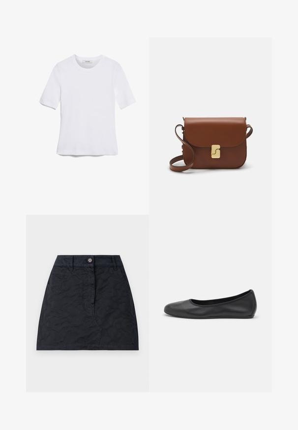 Witte korte mouwen t-shirt van ribstof. Ronde halslijn, normale pasvorm en subtiele stiksels. Geen patronen of grafische elementen.; Zwarte rok met een gestructureerd patroon, voorzien van een sluiting met knopen aan de voorkant, twee zakken en een getailleerde snit. Gemaakt van duurzame stof.; Zwarte leren ballerina met een ronde neus, gladde textuur, minimale stikdetails en een flexibele zoolontwerp.; Bruine leren handtas met een klep sluiting, gouden hardware, een schouderband en een gladde textuur. Compact rechthoekige vorm.