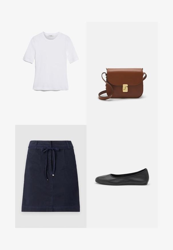 Άσπρο κοντομάνικο μπλουζάκι φτιαγμένο από ριγέ ύφασμα. Στρογγυλή λαιμόκοψη, κανονική εφαρμογή και διακριτές λεπτομέρειες ραφής. Χωρίς σχέδια ή γραφικά.; Σκούρα μπλε φούστα από ανθεκτικό ύφασμα, με κορδόνι στη μέση, πλαϊνές τσέπες και αντίθετες ραφές. Σε σχήμα Α, μήκους μέχρι το γόνατο.; Μαύρο δερμάτινο μπαλαρίνι με στρογγυλή μύτη, λεία υφή, ελάχιστες λεπτομέρειες ραφής και σχεδίαση ευέλικτης σόλας.; Καφέ δερμάτινη τσάντα χειρός με κλείσιμο καπάκι, χρυσές λεπτομέρειες, ιμάντα ώμου και λεία υφή. Συμπαγές ορθογώνιο σχήμα.