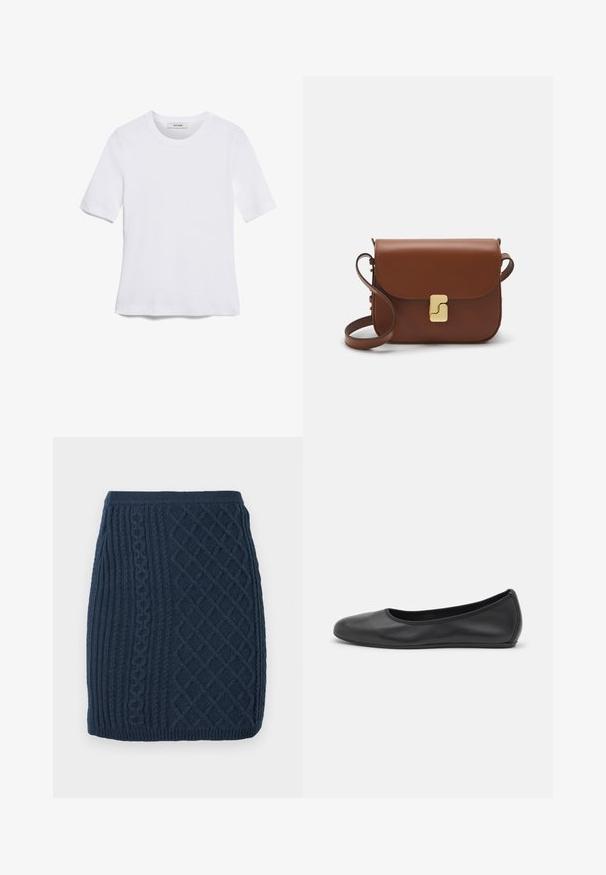 Weißes kurzärmliges T-Shirt aus geripptem Stoff. Runder Halsausschnitt, normale Passform und dezente Nähte. Keine Muster oder Grafiken.; Marineblauer, gestrickter Minirock mit Rippen- und Zopfmuster, der eine strukturierte Oberfläche und eine taillierte Passform aufweist.; Schwarze Leder-Ballettschuhe mit abgerundeter Spitze, glatter Textur, minimalen Nähdetails und einem flexiblen Sohlen-Design.; Braune Ledertasche mit Klappenverschluss, Beschlägen in Goldfarbe, einem Schultergurt und einer glatten Oberfläche. Kompakte rechteckige Form.