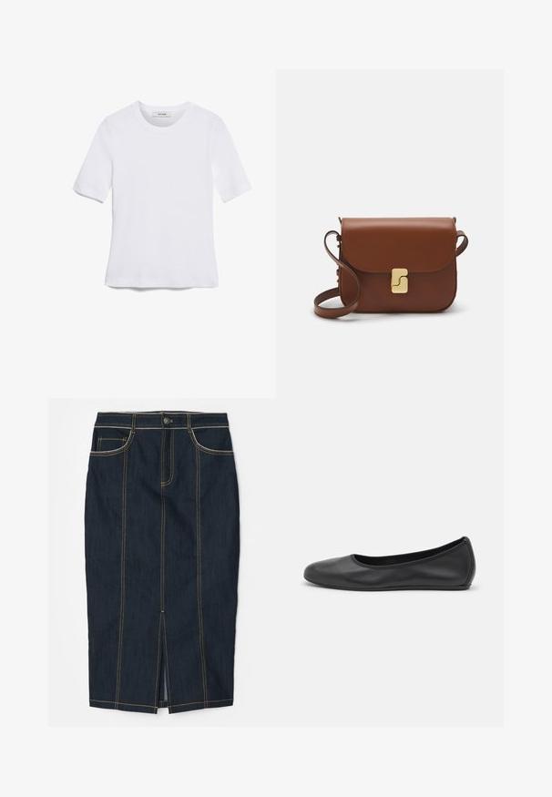 Balta īsām piedurknēm T-krekls, izgatavots no ribota auduma. Apaļš izgriezums, regulāra piegriezuma un diskrēti šuvumu detaļas. Bez printiem vai grafikām.; Tumšas denim stila zīmuļsvārki ar dzelteniem šuvumiem, priekšējo šķēlumu, piecām kabatām un pogu aizdari jostasvietā. Visā virsmā gluda tekstūra.; Melna ādas baleta kurpe ar noapaļotu purngalu, gludu tekstūru, minimālu šuvju detalizāciju un elastīgu zoles dizainu.; Bordo ādas rokas soma ar atloku, zeltītām detaļām, plecu siksnu un gludu virsmu. Kompakta, taisnstūrveida forma.