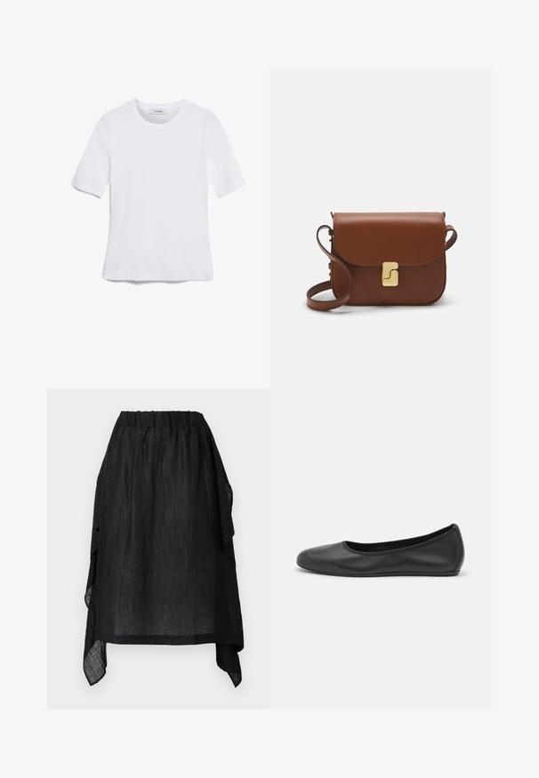 Balta trumpa rankovėmis marškinėliai, pagaminti iš pasiruošusio audinio. Apvali iškirptė, reguliari tinkamumas ir subtilūs siuvimo detalės. Be raštų ar grafikos.; Henrik Vibskov UNCUT SKIRT - Trapecinis sijonas - black; Juodai odiniai baletai su apvaliu pirštu, lygi texture, minimalus siuvimo detales ir lanksčiu padų dizainu.; Ruda odinė rankinė su uždaromu dangteliu, aukso spalvos detalėmis, petneša ir lygiu paviršiumi. Kompaktiška stačiakampio formos.