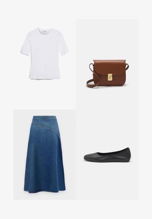 T-shirt blanc à manches courtes en tissu côtelé. Col rond, coupe régulière et détails de couture subtils. Aucune motif ni graphique.; Jupe en denim A-line de couleur bleu foncé, avec une taille haute, des détails de coutures diagonales et un ourlet évasé pour un ajustement décontracté.; Ballerines en cuir noir avec un bout rond, texture lisse, détails de couture minimalistes et design de semelle flexible.; Sac à main en cuir marron avec une fermeture à rabat, des accents en métal doré, une bandoulière et une texture lisse. Forme rectangulaire compacte.