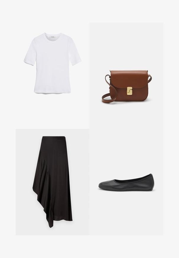 Weißes kurzärmliges T-Shirt aus geripptem Stoff. Runder Halsausschnitt, normale Passform und dezente Nähte. Keine Muster oder Grafiken.; AERON ASTER SKIRT - Bleistiftrock - black; Schwarze Leder-Ballettschuhe mit abgerundeter Spitze, glatter Textur, minimalen Nähdetails und einem flexiblen Sohlen-Design.; Braune Ledertasche mit Klappenverschluss, Beschlägen in Goldfarbe, einem Schultergurt und einer glatten Oberfläche. Kompakte rechteckige Form.