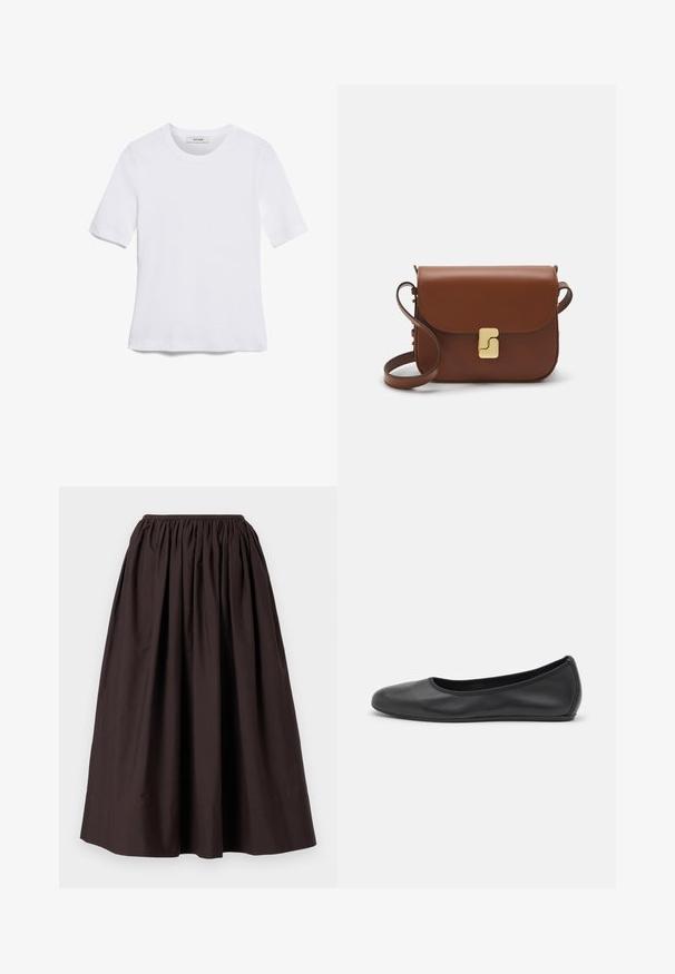 T-shirt de manga curta branca feita de tecido canelado. Decote redondo, ajuste regular e detalhes de costura subtis. Sem padrões ou gráficos.; Saias castanha, até os tornozelos, feita de um tecido leve com um cós elástico e um design franzido para um efeito volumoso.; Bailarina preta em pele com bico arredondado, textura suave, detalhe de costura minimalista e design de sola flexível.; Bolsa de couro castanho com fecho de aba, decoração em tom dourado, alça de ombro e textura suave. Formato retangular compacto.