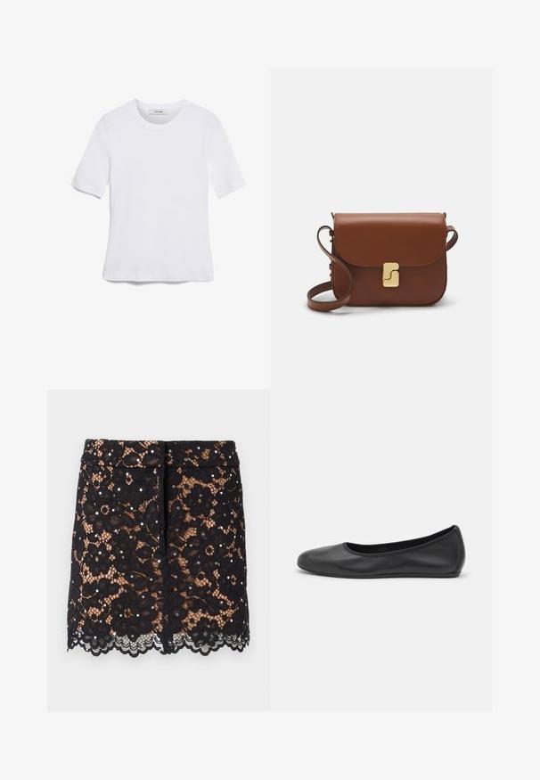 Camiseta de manga corta blanca hecha de tela de canalé. Cuello redondo, corte regular y detalles de costura sutiles. Sin patrones ni gráficos.; Falda de encaje negro con patrones florales, con strass decorativos, un dobladillo con forma de ondulación y un diseño ajustado. Llega a la mitad del muslo.; Bailarina de piel negra con punta redondeada, textura suave, detalle de costura minimalista y diseño de suela flexible.; Bolso de mano de cuero marrón con cierre de solapa, herrajes en tono dorado, correa para el hombro y una textura suave. Forma rectangular compacta.