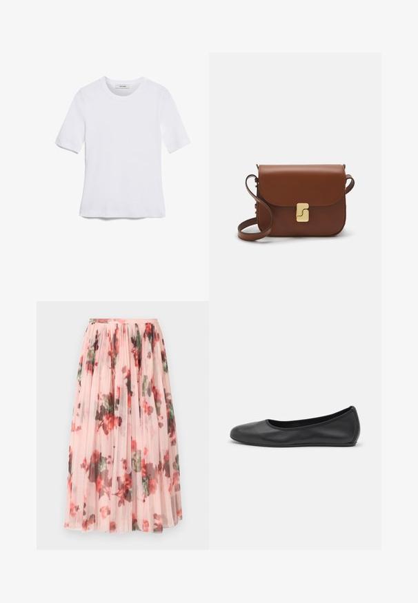 Fehér, rövid ujjú póló ribbed anyagból. Kerek nyakkivágás, normál szabás és diszkrét varrási részletek. Nincsenek minták vagy grafikák.; Tüll szoknya puha rózsaszín alapszínnel, vörös és zöld virágmintával. Az anyag áttetsző, a derékon gyűrt redők találhatóak.; Fekete bőr balettcipő lekerekített orral, sima tekstúrával, minimális varrással és rugalmas talp kialakítással.; Barna bőr kézitáska, hajtókás zárással, arany színű fém kiegészítőkkel, vállpánttal és sima felülettel. Kompakt téglalap alakú.
