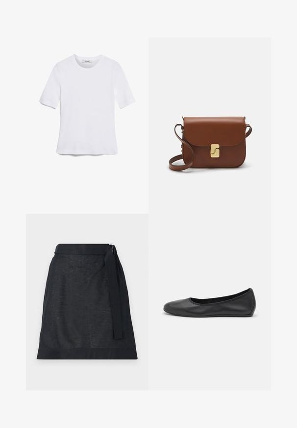 Valkoinen lyhythihainen t-paita, joka on valmistettu ribbytedusta kankaasta. Pyöreä pääntiie, normaali istuvuus ja hienovaraiset ompeluyksityiskohdat. Ei kuvioita tai grafiikkaa.; Tummanpellavainen vyötäröhame, joka on suoralinjainen ja jossa on vyötärösolki sekä hieno rakenne. Ei näkyviä kuvioita tai metalliosia.; Musta nahkainen ballerina, jossa on pyöristetty kärki, sileä pinta, minimaalinen ommelkoristelu ja joustava pohjamuotoilu.; Ruskea nahkainen käsilaukku, jossa on läppäkiinnitys, kultasävyiset yksityiskohdat, olkahihna ja sileä pinta. Kompaktin suorakaiteen muotoinen.