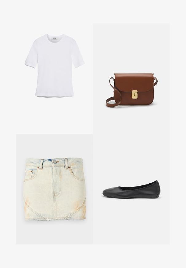 Balta trumpa rankovėmis marškinėliai, pagaminti iš pasiruošusio audinio. Apvali iškirptė, reguliari tinkamumas ir subtilūs siuvimo detalės. Be raštų ar grafikos.; Šviesiai mėlyna džinsinė mini sijonas su išblukusiu paviršiumi, turintis penkis diržo kilpos, priekinės kišenės ir dekoratyviniai siuvinėjimo elementai.; Juodai odiniai baletai su apvaliu pirštu, lygi texture, minimalus siuvimo detales ir lanksčiu padų dizainu.; Ruda odinė rankinė su uždaromu dangteliu, aukso spalvos detalėmis, petneša ir lygiu paviršiumi. Kompaktiška stačiakampio formos.