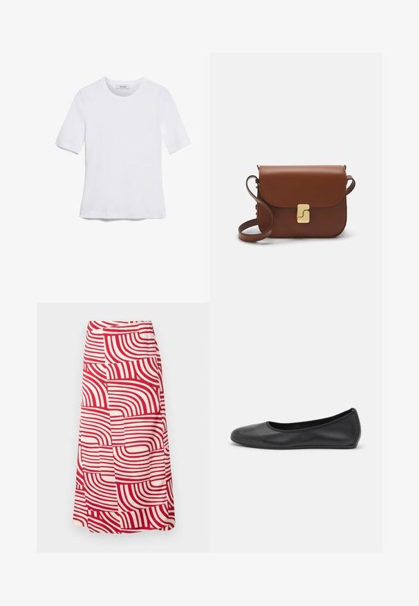 Fehér, rövid ujjú póló ribbed anyagból. Kerek nyakkivágás, normál szabás és diszkrét varrási részletek. Nincsenek minták vagy grafikák.; Piros és krémszínű, térdhoz érő szoknya, amely merész, ívelt csíkokkal van díszítve, változó szélességgel, puha anyagból készült, sima textúrával.; Fekete bőr balettcipő lekerekített orral, sima tekstúrával, minimális varrással és rugalmas talp kialakítással.; Barna bőr kézitáska, hajtókás zárással, arany színű fém kiegészítőkkel, vállpánttal és sima felülettel. Kompakt téglalap alakú.