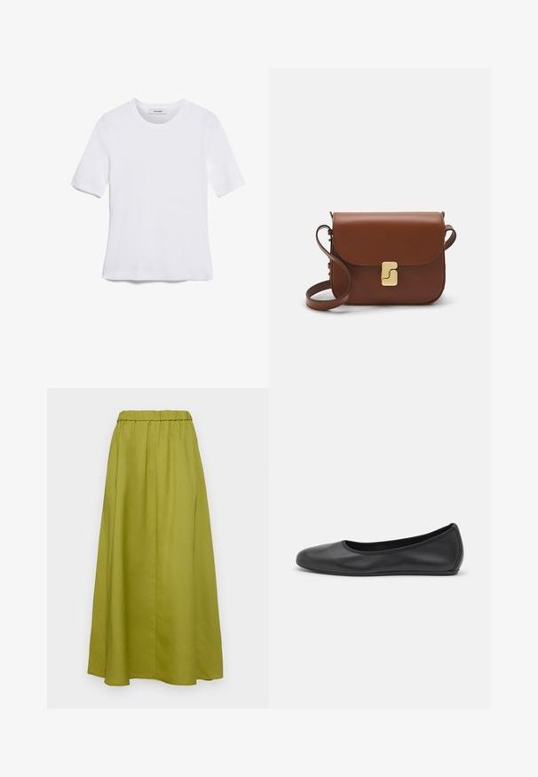 Valge lühikeste varrukatega T-särk ribatud kangast. Ümara kaelusega, tavalisest sobivusest ja peente õmbluse detailidega. Ilma mustrite või graafikateta.; Oliivroheline maxi seelik, mis on valmistatud siledast kangast. Sellel on elastne vöökoht ja voogav siluett koos piledega, et lisada tekstuuri.; Musthave mustika tantsutossud mustast nahast, ümmarguse varbaga, siledast tekstuurist, minimaalse õmblusdetailiga ja paindliku tallakujundusega.; Pruunist nahast käekott, millel on klapiga sulgur, kuldne riistvara, õlarihm ja sile tekstuur. Kompaktne ristkülikukujuline vorm.