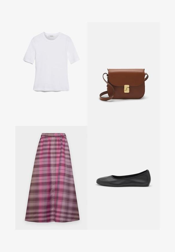 Balta īsām piedurknēm T-krekls, izgatavots no ribota auduma. Apaļš izgriezums, regulāra piegriezuma un diskrēti šuvumu detaļas. Bez printiem vai grafikām.; Garšs raibais svārki ar dažādām rozā, purpura un brūnas krāsas nokrāsām. Izgatavoti no gludas auduma ar elastīgu jostasvietu komfortam.; Melna ādas baleta kurpe ar noapaļotu purngalu, gludu tekstūru, minimālu šuvju detalizāciju un elastīgu zoles dizainu.; Bordo ādas rokas soma ar atloku, zeltītām detaļām, plecu siksnu un gludu virsmu. Kompakta, taisnstūrveida forma.