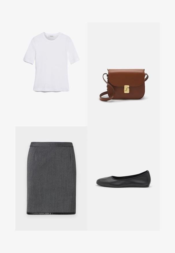 Fehér, rövid ujjú póló ribbed anyagból. Kerek nyakkivágás, normál szabás és diszkrét varrási részletek. Nincsenek minták vagy grafikák.; Szürke bordázott ceruza szoknya sima fekete szegéllyel. Szorosan illeszkedő fazonnal és standard derékrésszel rendelkezik. A textúrája szőtt és kifinomult.; Fekete bőr balettcipő lekerekített orral, sima tekstúrával, minimális varrással és rugalmas talp kialakítással.; Barna bőr kézitáska, hajtókás zárással, arany színű fém kiegészítőkkel, vállpánttal és sima felülettel. Kompakt téglalap alakú.