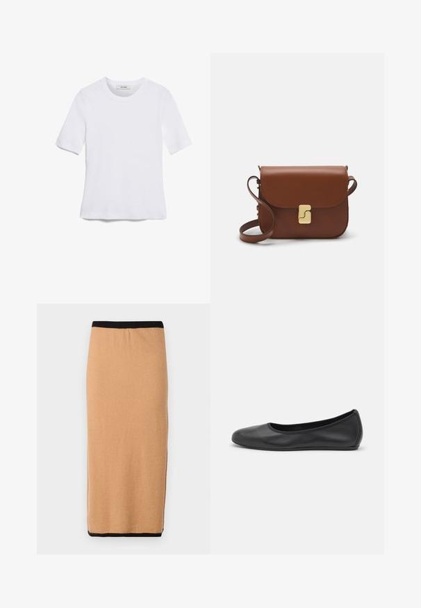 Tricou alb cu mânecă scurtă, confectionat dintr-un material texturat. Gât rotund, tăietură regulară și detalii subtile de cusătură. Fără modele sau grafice.; Fustă tricotată, de lungime până la genunchi, de culoare cămilă, cu un brâu elastic negru și o textură netedă. Design simplu, fără modele sau accente vizibile.; Balerini din piele neagră, cu vârf rotund, textură netedă, detalii de cusătură minimale și un design al tălpii flexibil.; Geantă de piele maro cu închidere tip capac, accesorii de culoare aurie, curea de umăr și o textură netedă. Formă compactă și rectangulară.