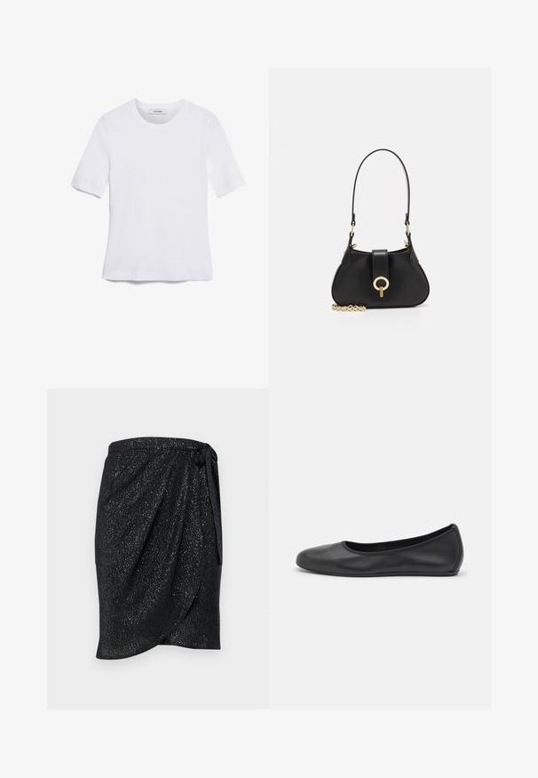 Biela krátka tričko s krátkymi rukávmi vyrobené z rebrovanej látky. Klasický okrúhly výstrih, bežný strih a jemné švy. Bez vzorov alebo grafiky.; Čierna sukňa s textúrovaným, lesklým povrchom. Súčasťou je opasok na páse a drapovaný dizajn pre elegantný siluetu.; Čierne kožené baleríny s okrúhlou špičkou, hladkým povrchom, minimálnym prešívaním a flexibilným dizajnom podrážky.; sandro JANET - Kabelka - noir