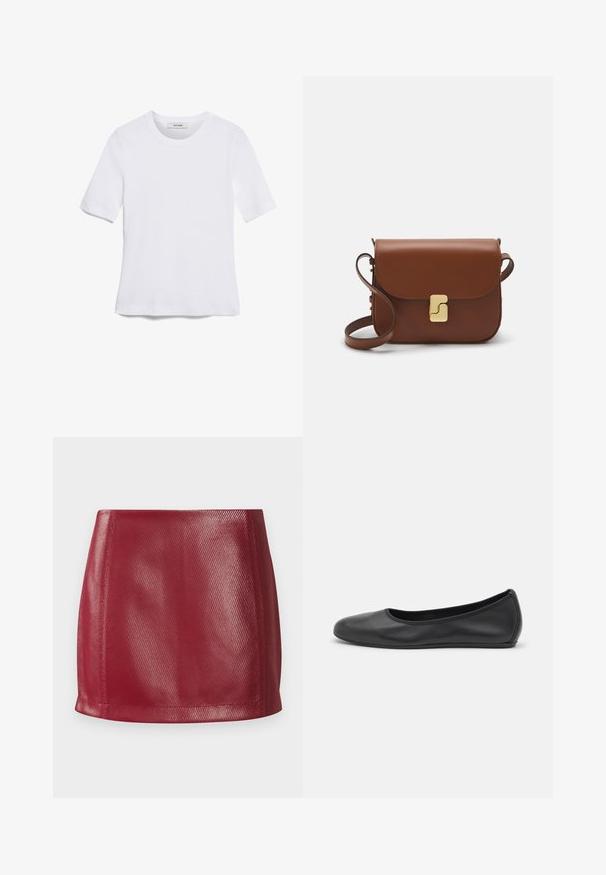 T-shirt blanc à manches courtes en tissu côtelé. Col rond, coupe régulière et détails de couture subtils. Aucune motif ni graphique.; Jupe mini en simili cuir rouge avec une texture lisse, une coupe ajustée et un ourlet droit, présentant un léger éclat et des détails en motif diagonal.; Ballerines en cuir noir avec un bout rond, texture lisse, détails de couture minimalistes et design de semelle flexible.; Sac à main en cuir marron avec une fermeture à rabat, des accents en métal doré, une bandoulière et une texture lisse. Forme rectangulaire compacte.